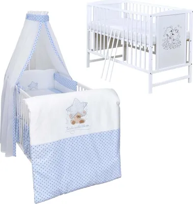 Produktbild von Baby-Delux Babybett Gitterbett Mia weiß 120×60 inkl. Matratze Bettwäsche Set 10tlg Twinkle Star Blau