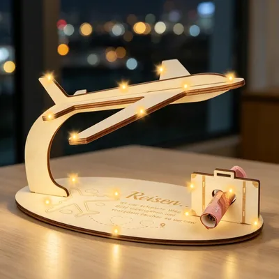 Produktbild von Geldgeschenk-Box Flugzeug - Holz-Spardose als Reisekasse - Wunscherfüller für Urlaub - Naturfarben