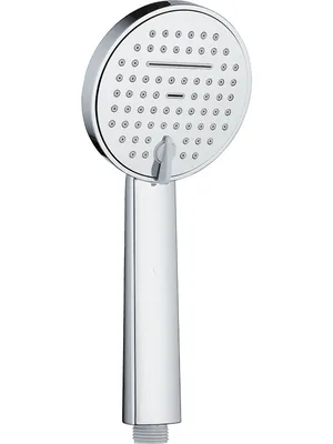A chrome shower head with a handle, shown against a white background.