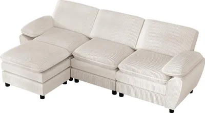 Produktbild von AIORBER Modernes modulares L-Sofa mit Ottoman, Cord, 3-Sitzer Kombi-Sofa, abnehmbarer Hocker, bequem, flexibel für Wohnzimmer, Weiß