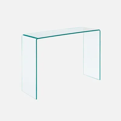A clear studio shot of a glass console table.