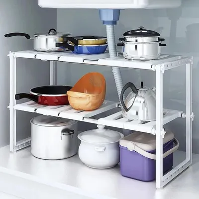 Produktbild von 2-stufiges Küchenregal Küchen Unterschrankregal Unter Waschbecken Regal für Badezimmer Küchen Arbeitsplatte Weiß