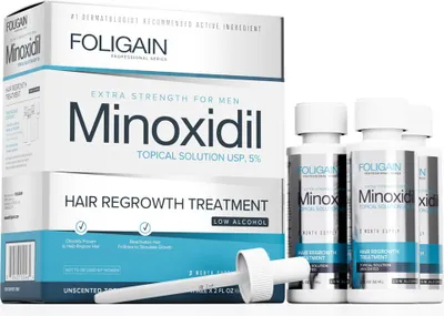 Produktbild von Haarwuchsmittel, Foligain, Minoxidil 5%, mit reduziertem Alkoholgehalt, inkl. Pipette, 3x 60ml