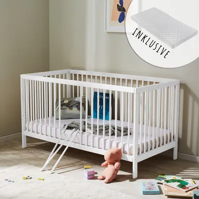 Image de Lit bébé lit d'enfant lit à barreaux réglable en hauteur & barreaux amovibles bois de hêtre très stable, avec matelas, blanc, 70x140 cm