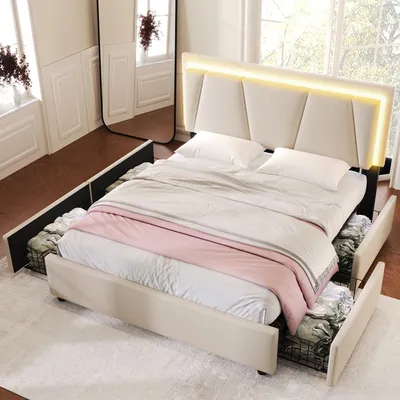 Produktbild von Polsterbett mit LED-Beleuchtung und 4 Schubladen,Höhenverstellbarem Kopfteil,Doppelbett 160x200cm Stauraumbetten Bettgestell, Lattenrost aus Holz