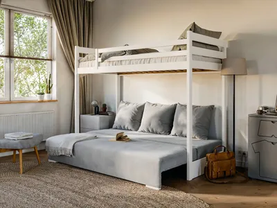 Produktbild von Dein Schlaf 24 Etagenbett Kiefernholz Weiß Grau, Schlafcouch mit Cord-Samt und 3 Kissen, Liegeflächen 90x200 cm (oben) & 140x200 cm (unten), Außenmaße ca. 208x96-191x168 cm (L/B/H), inkl. Lattenrost, Matratze optional.