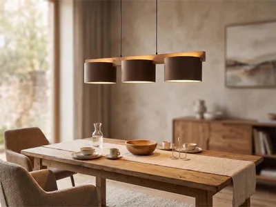 Produktbild von Holzbalken Pendelleuchten 3 flammig Lampenschirm Samt Esstischlampe Landhausstil
