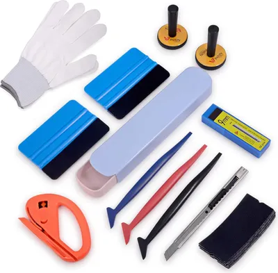 Produktbild von Car Autofolien Tönungsfolie Lackschutzfolie Set Vinyl Wraps Tool Micro Rakel Filzrakel Folienschneider Magnethalter Arbeitshandschuhe 9mm Cuttermesser mit 50 Stück Abbrechklingen