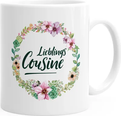 Produktbild von Kaffee-Tasse Geschenktasse Geschenk für Cousine Lieblingscousine Blumen Bordüre Blumenranke Blüten Familie MoonWorks® weiß unisize