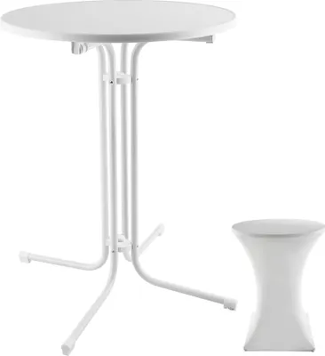 A white high table and a white stool are displayed against a white background.