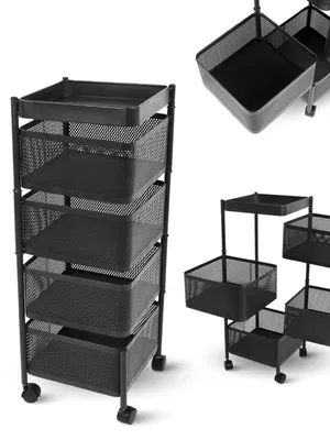 Produktbild von deluxe4home® Rollwagen Eckig mit 4 Ebenen I Gitterwagen Küchenwagen Schwarz I Aufbewahrungswagen Obstwagen