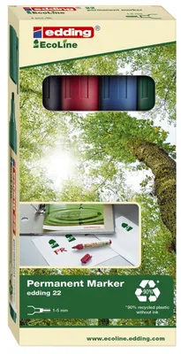 Zdjęcie produktu dla Edding 22 EcoLine, Czarny, Niebieski, Zielony, Czerwony, Końcówka ścięta, Polipropylen (PP), 1 mm, 5 mm, Karton, Szkło, Skóra, Metal, Papier, Plastik, Drewno