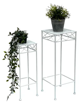 Produktbild von Blumenhocker Weiß Metall Eckig Blumenständer 2er Set Beistelltisch Blumensäule Pflanzenständer