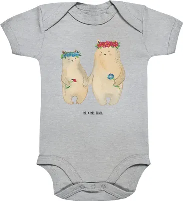 Produktbild von Mr. & Mrs. Panda Babybody Bären mit Blumenkranz 1. - 3. Monat - Heather Grey - Geschenk, Strampler, baumwoll, Muttertag, Family, babykleidung body, Mama, Mutter, Mami