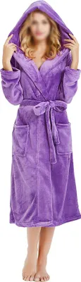 Produktbild von Damen-Fleecebademantel mit Kapuze, weicher Plüschbademantel für Damen, flauschiger, niedlicher, langer Hausmantel