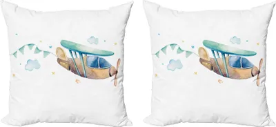 Immagine prodotto di ABAKUHAUS Set di copricuscini da viaggio (2 pezzi), scena di un aereo con nuvole e stelle, 60 x 60 cm, bianco multicolore