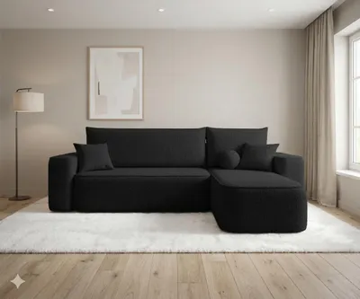 Image de Canapé d’angle TEXAS droit noir bouclé Quelle 100 - fonction couchage, coffre de rangement pour la literie