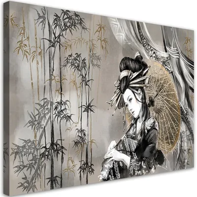 Produktbild von Leinwandbild geisha und bambus 60x40 cm Feeby grau wandbild bereit zum aufhängen