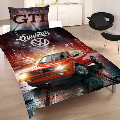 A red Volkswagen Golf GTI is depicted on a bedding set, with a city street scene in the background.