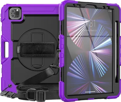 Produktbild von Mobigear SureGrip Xtreme iPad Pro 11 Zoll (2024) Hülle Kunststoff,Silikon Backcover + Stifthalter + Schulterträger + Ständer - Lila