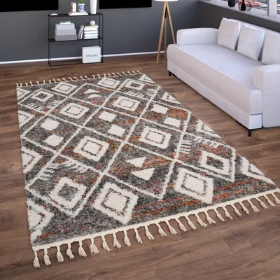 Produktbild von Hochflor Teppich Wohnzimmer Shaggy Boho Modern Skandi Rauten Fransen Grösse 120x160 cm