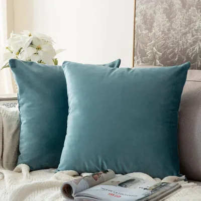 Produktbild von Set mit 2 Kissenbezügen, Dekokissen, Sofakissen, Dekokissenbezüge mit verdecktem Reißverschluss, Sofa, Schlafzimmer, 60x60 cm, blaugrün