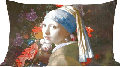 Produktbild von MuchoWow® Zierkissen Sofakissen Wohnzimmer Dekokissen 50x30 cm Das Mädchen mit dem Perlenohrring - Vermeer - Blumen - Wohnzimmerdekoration - Polster mit Photo