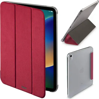 A collage of images showing a red tablet case for an Apple iPad.