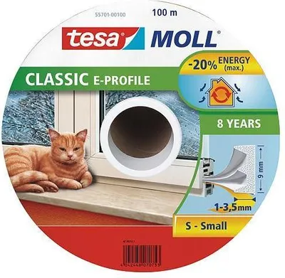 Produktbild von TESA Selbstklebende Dichtung für Fenster und Türen, Gummi, E-Profil, weiß, 100m x 9mm