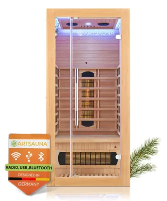Produktbild von Artsauna Infrarotkabine Kiruna90 mit 4 Vollspektrum- & 3 Flächenstrahler, 1 Person, 90 x 90 x 190 cm, LED Farblicht & Glastür, Infrarotsauna Sauna