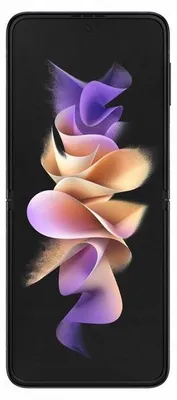 A Samsung Galaxy Z Flip3 5G smartphone is shown with its screen displaying a colorful abstract wallpaper.