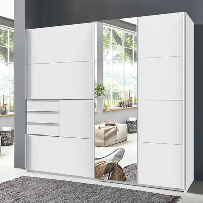 Produktbild von Schlafzimmer Schwebetürenschrank mit 3 Schubkästen und Spiegel in weiß BREGENZ-43, B/H/T ca. 180/198/65 cm