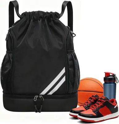Imagen del producto de Bolsa deportiva con cordón, impermeable, con compartimentos para zapatos y botellas de agua, de gran tamaño, ideal para actividades físicas