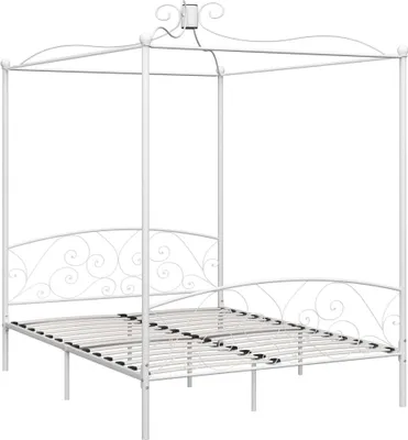 A white metal canopy bed frame on a white background.