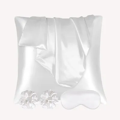 Produktbild von Seiden-Kissenbezüge für das Haar, 2er-Pack: Seiden-Kissenbezüge aus Satin mit 2 Haargummis, Schlafmaske, für glattes und aknefreies Haar, Standardgrößen (65x65 cm, weiß)