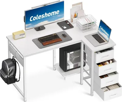Produktbild von Eckschreibtisch L-Form 100x70cm mit 4 Schubladen Weiß - Coleshome