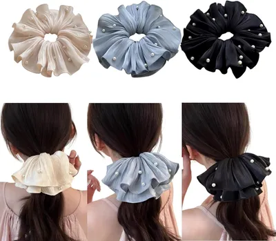 Produktbild von 3 Satin-Scrunchies mit Perlen als Haargummis und Haarschmuck für Damen