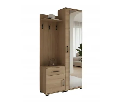 Produktbild von Garderobe ERYK mit Spiegel 40x90x190 cm – Moderne Flurgarderobe in Eiche Artisan mit Kleiderhaken