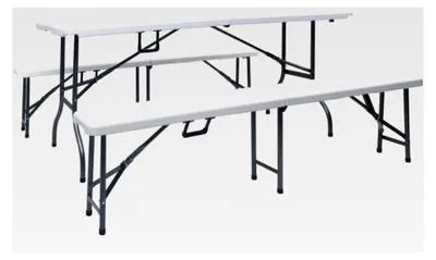 Produktbild von Klappbarer Gartentisch mit 2 Bänken, 180 cm, Stahl & HDPE, Weiß, wetterfestes Picknick-Set mit Tragegriffen für den Außenbereich