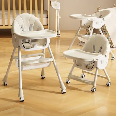 Produktbild von Kinderhochstuhl verstellbarer Hochstuhl Klappbar mit abnehmbarem tablett Kindersitz mit 4 Rädern Swing-Funktion cremefarben