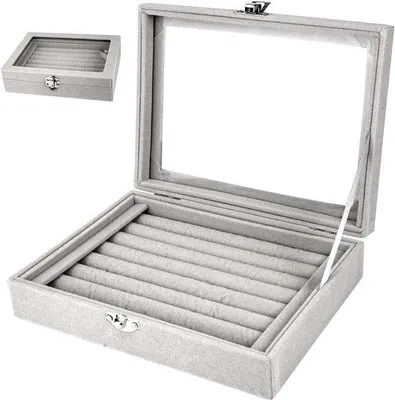 Produktbild von Schmuckkiste mit Glasdeckel und 7 Fächern - Schmuckbox aus Samt für Ringe, Ohrringe und Broschen - Grau - 20 x 15 x 5 cm