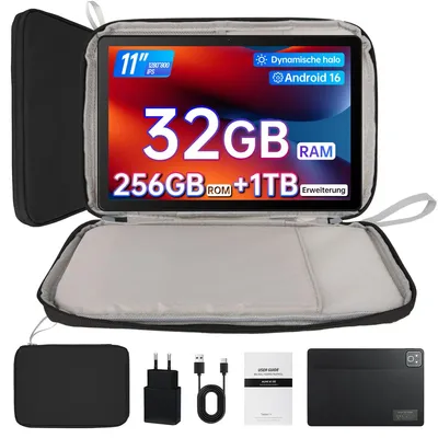 Produktbild von Tablet 11 Zoll mit Android 16, 32(3+29)GB RAM, 256 GB ROM erweiterbar auf 1 TB, 7800 mAh, WiFi 6, Android 16, mit Tasche