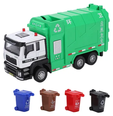 Produktbild von Müllwagen-Spielzeug, multifunktional, im Maßstab 1:50, einziehbar, aus Legierung, Recycling-Müllwagen-Spielzeugset mit 4 Mülltonnen