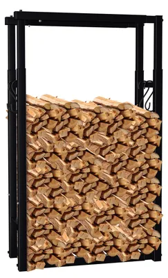Image de Étagère réglable pour bois de cheminée Peviasot, dimensions 60–100 × 25 × 100–150 cm, en fer, noire, avec 4 crochets pour accessoires de cheminée