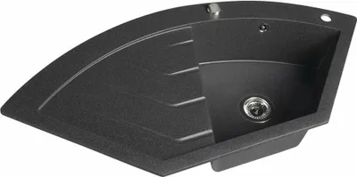 A dark gray corner sink with a textured surface and a drain.