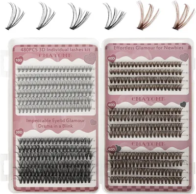 Imagen del producto de Kit de extensiones de pestañas en forma de mechones, 480 unidades, con diferentes densidades (10D, 30D, 40D), en colores y marrón, para un aspecto natural