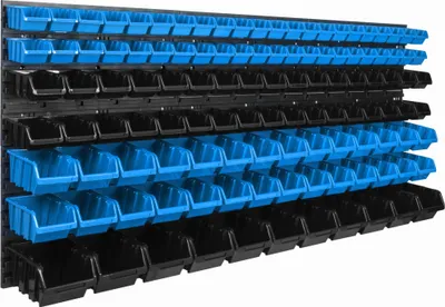 Produktbild von Lagersystem Wandregal 1728 x 780 mm | 117 stck. Box | Stapelboxen Schüttenregal Sichtlagerkästen | Extra Starke Wandplatten | Regal Erweiterbar | Werkstattregal Lagerregal Werkstattwandregal Steckrega