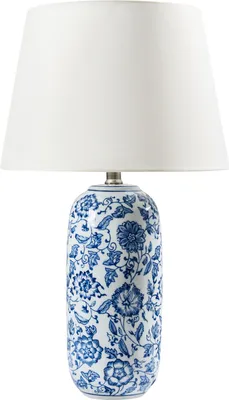 Produktbild von BELIANI Tischlampe Blauer und weißer Porzellansockel Leinenschirm mit Blumenmuster verziert Wohnzimmer/Schlafzimmer Beleuchtung