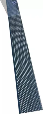 A perforated metal strip, likely a perforated sheet metal or similar material, is shown diagonally against a white background.