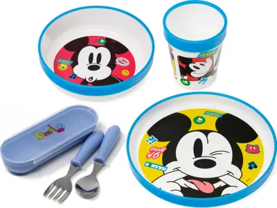 Produktbild von Mickey Mouse Kindergeschirr Set rutschfest mit Kinderbesteck BPA frei - 5-teiliges Disney Geschirrset - Kinder & Baby Geschirr Set mit Besteck